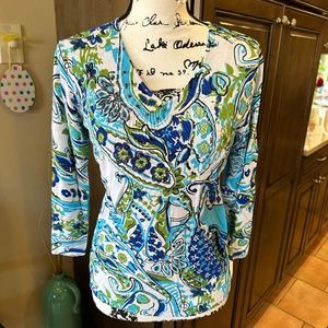 💥Beautiful New 3/4 sleeve top - Blues, Greens, White- has some beading detail
